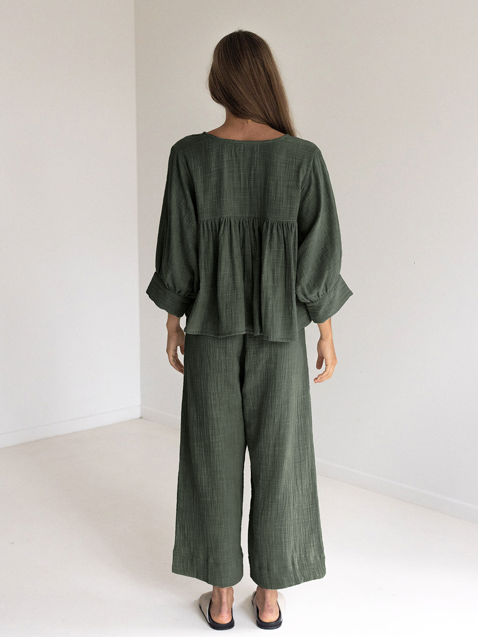 Women's Sleepwear Linad Cotton 2-Piece Women's Evening Dress Three Quarter Sleeve V-Neck Lace Pajamas Loose Trouser Set Women's Pajamas