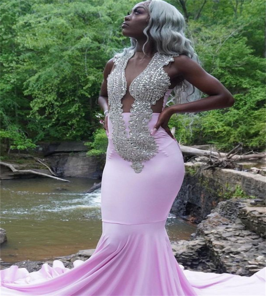 Beautiful Pink Beaded Prom Dress 2023 Elegant Mermaid Satin Black Girls Formal Occasion Wear Luxe Birthday Party Evening Gowns robe de soiree vestido 