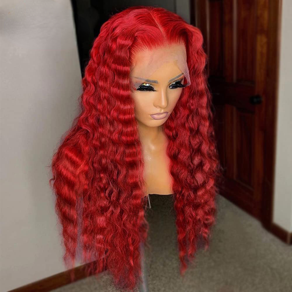 Hot Red Lace Frontal Wig Curly Human Hair Wigs Deep Wave 13x4 Transparent Lace Front Wig Synthetic For Black Women Pre plucked
