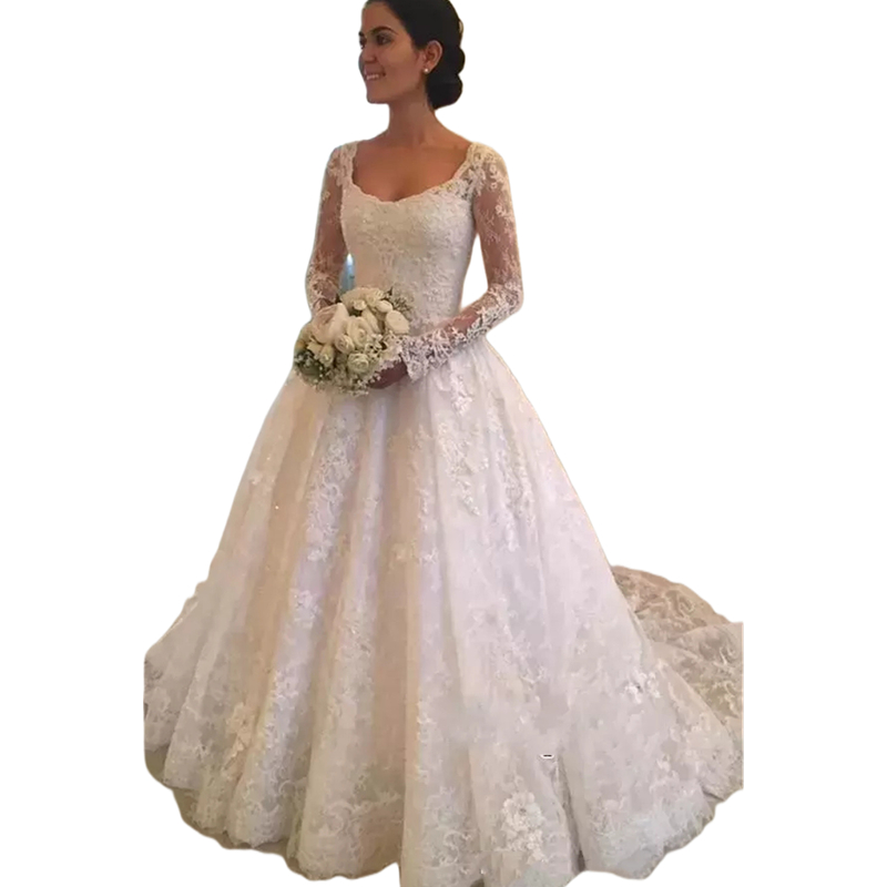 Gorgeous A Line Lace Wedding Dresses Long Sleeves Scoop Neck Back Buttons Ivory Appliques Formal Bridal Gowns Court Train Chapel Luxury Bride Dress