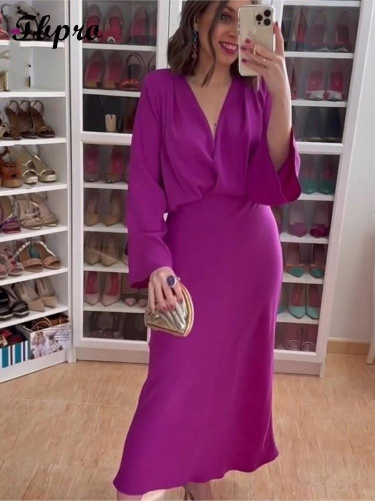 Basic Casual Dresse Solid V Neck Midi Dress Elegant Loose Long Sleeve Robes Vestidos 2023 Spring Female High Waist Vacation Party 230522