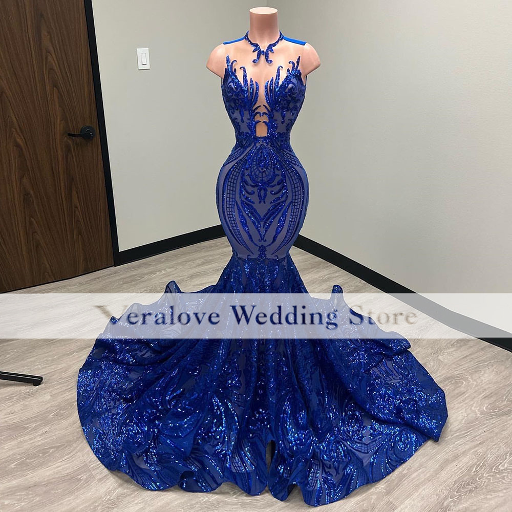 Blue Sequined Prom Dress Mermaid 2023 African Gala Party Gown vestidos de graduacion Formal Occasion Dresses