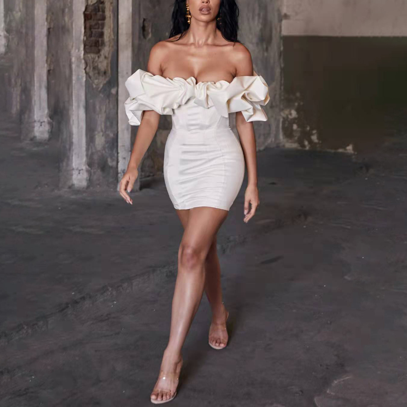 New Foreign Trade European and American Women's Dress French Satin Tight Fit Dress High Sense Strapless Pleated Short Skirt Fish Bone Ruffle Edge