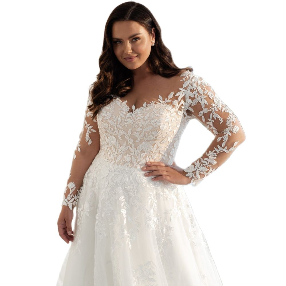 Plus Size A Line Wedding Dresses with Long Sleeve V Neck Button Back Bridal Gown for Bride Country Robe De Mariee