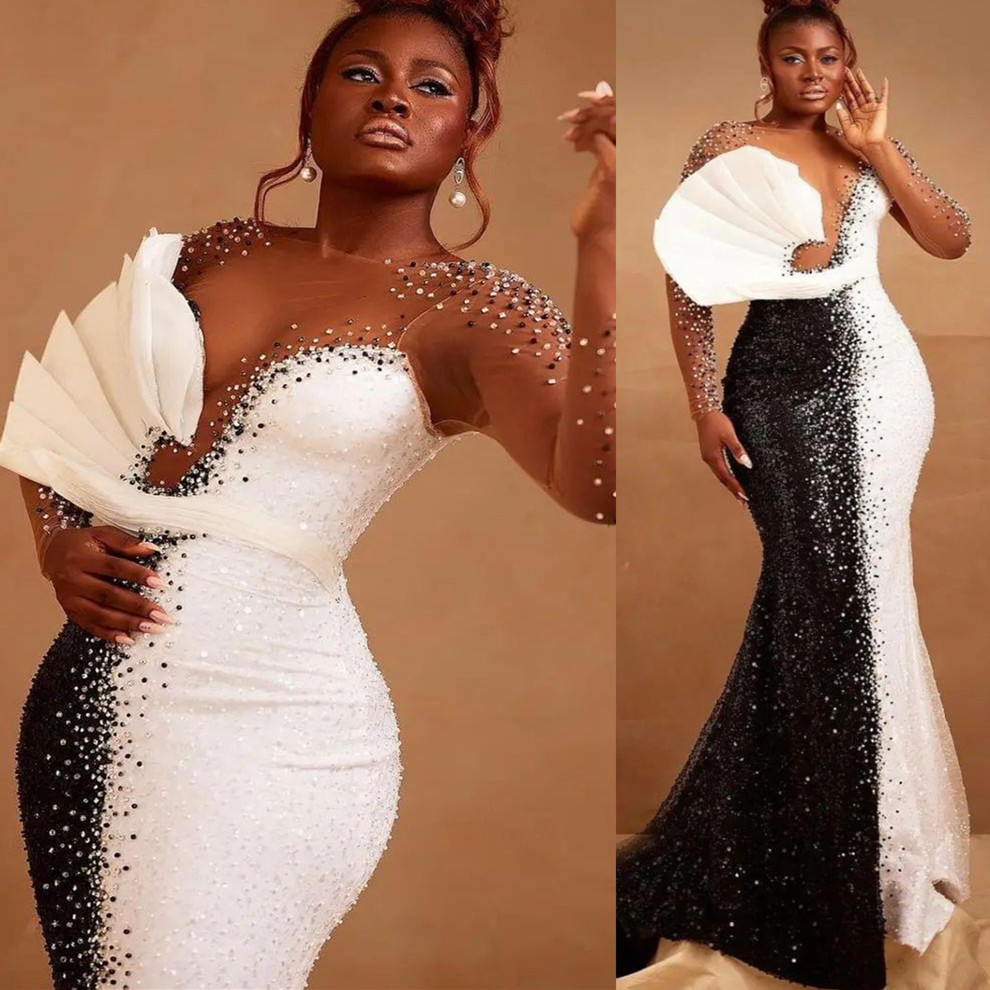 AMVCA 2023 Aso Ebi Urious Mermaid Prom Beaded Black&White Evening Formal Party Second Reception Birthday Engagement Gowns Dress Robe De Soiree Zj305 L