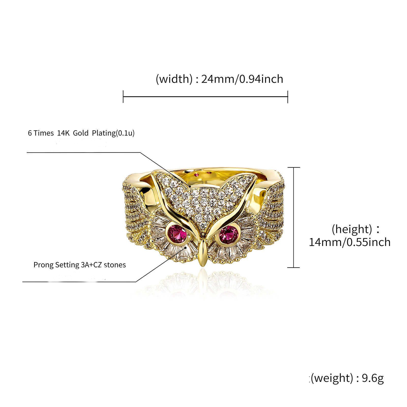 New Hip-hop Style Zirconium Filled Owl Band Ring For Men And Women INS Trendy Personalized Index Finger Rings 14k Real Gold Plated Bijoux Rapper Wolf 