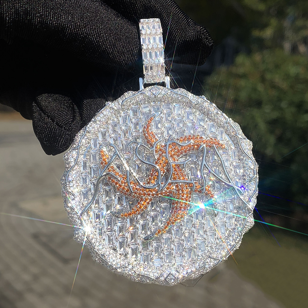 Hip Hop Round Thorns Pendant Necklace Full T CZ Diamonds Real Gold Plated Mens Jewelry