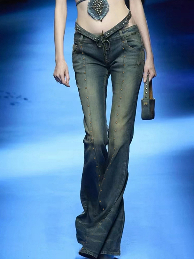 Women s Two Piece Pants Weekeep Distressed y2k Flared Jeans Streetwear Low Rise Rivet Stitching Cargo 90s Grunge Women Denim Trousers Vintage 230522