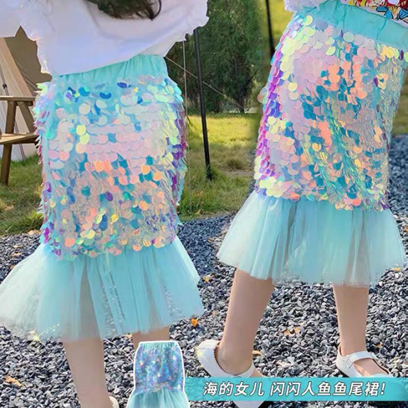 Skirts Summer Girls Childrens Half Dress Mini Skirt Daughter Of The Sea Blue Mermaid Princess Special Sequins 230520