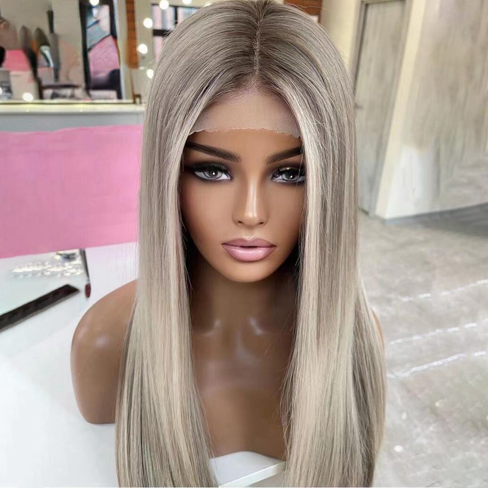 40 Inch Brown Highlight Human Hair 360 Frontal Wig Remy HD Ash Blonde Straight Synthetic Lace Front Wigs For Women Cosplay
