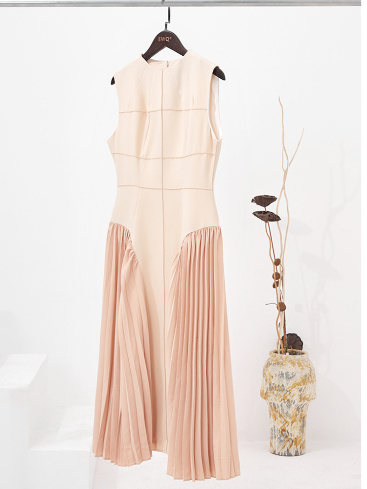 Basic Casual Dresses EWQ O Neck Fashion Stitching Line Women s Party Beautiful Pleated Dress Patchwork Slim Apricot Color Robe 2023 Summer 230522
