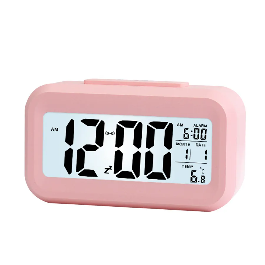 Plastic Mute Alarm Clock LCD Smart Temperature Cute Photosensitive Bedside Digital Alarm Clocks Snooze Nightlight Calendar Desk Table Clock