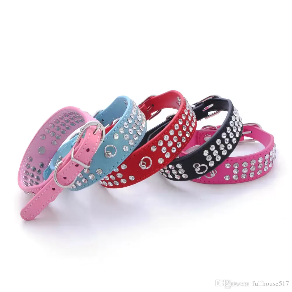 Personalized Length Suede Skin Jeweled Rhies Pet Collars Three Rows Sparkly Crystal Dias Studded Puppy Dog Collar