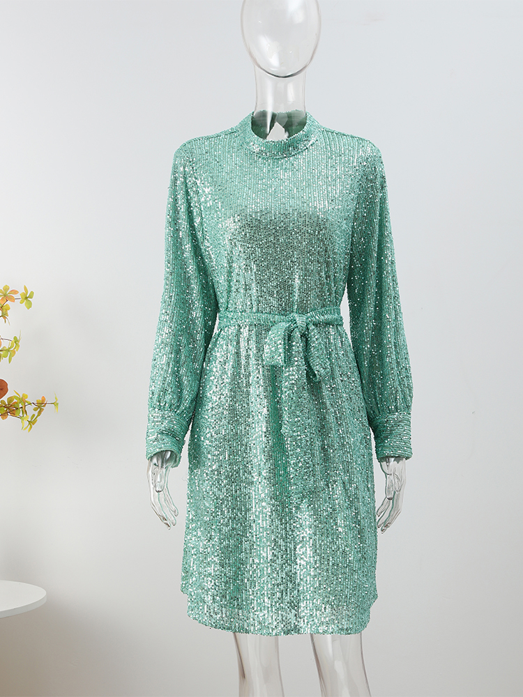 Basic Casual Dresses Sequin Lace Up Dress Green Turtleneck Long Sleeeve Midi Female Autumn Winter Ruffle Party Club Lady Vestidos 230522