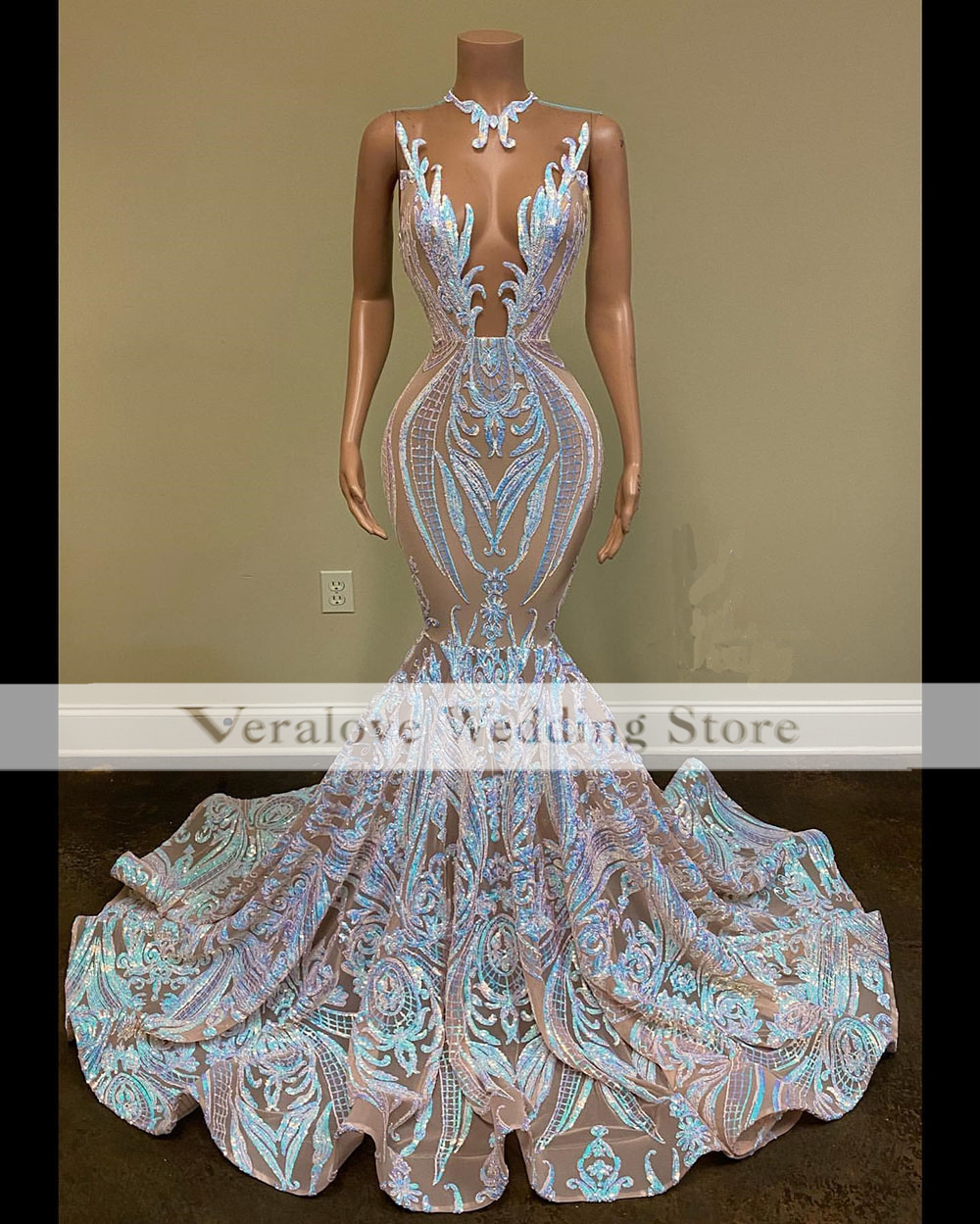 Blue Sequined Prom Dress Mermaid 2023 African Gala Party Gown vestidos de graduacion Formal Occasion Dresses