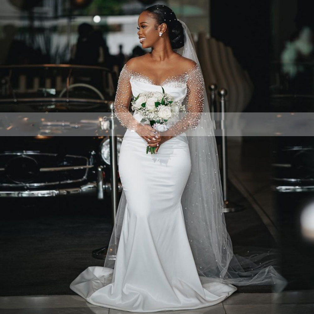 White Pearls Mermaid Wedding Dresses Sheer Neck Long Sleeve Pleat Bridal Gown Satin Sweep Train Robe De Soiree