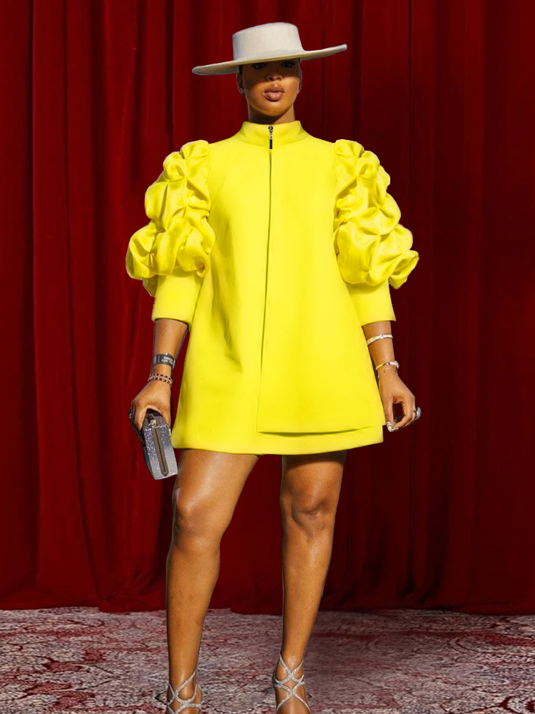 Basic Casual Dresses Trendy Fall Winter 2023 Mini Shift Dres High Neck Puff Sleeve Zipper Tunic Retro Vintage Party Club Events Wear 4XL 230522