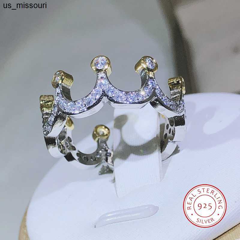 Band Rings 925 Sterling Silver High Quality Cent Gold Crown Zircon Ring For Ladies Party Engagement Fashion Jewelry Gift J230522