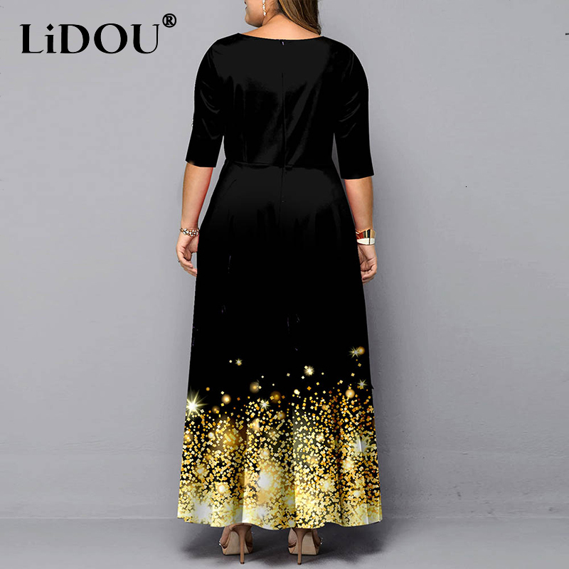 Plus size Dresses Autumn Winter Plus Size Print Gold Fashion Long Dress Women Three Quarter Sleeves Elegant Chic Oversized Wedding Party Dress 230520