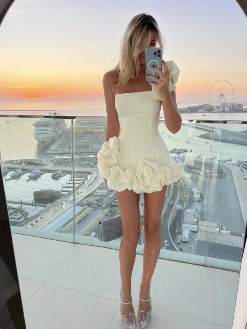 Summer New Design Fashion European and American Women's Dress Ruffle Edge Flower Bud Waist Fold Dress One Shoulder Bra Wrap Hip Dress