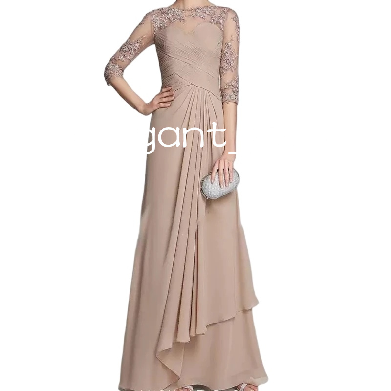 Modest Champagne Mother of the Bride Dresses with 3/4 long sleeve Plus Size Ruched Lace Applique mother occasion Prom gown