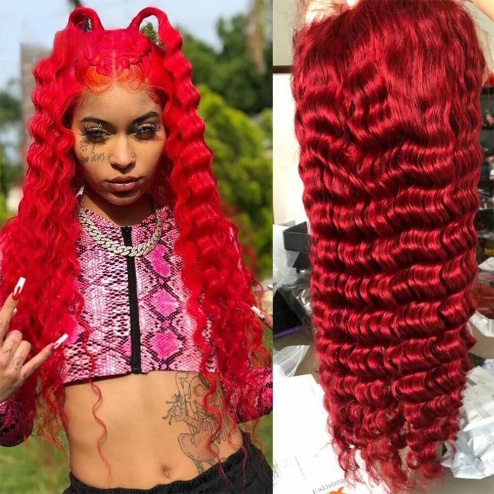 Hot Red Lace Frontal Wig Curly Human Hair Wigs Deep Wave 13x4 Transparent Lace Front Wig Synthetic For Black Women Pre plucked