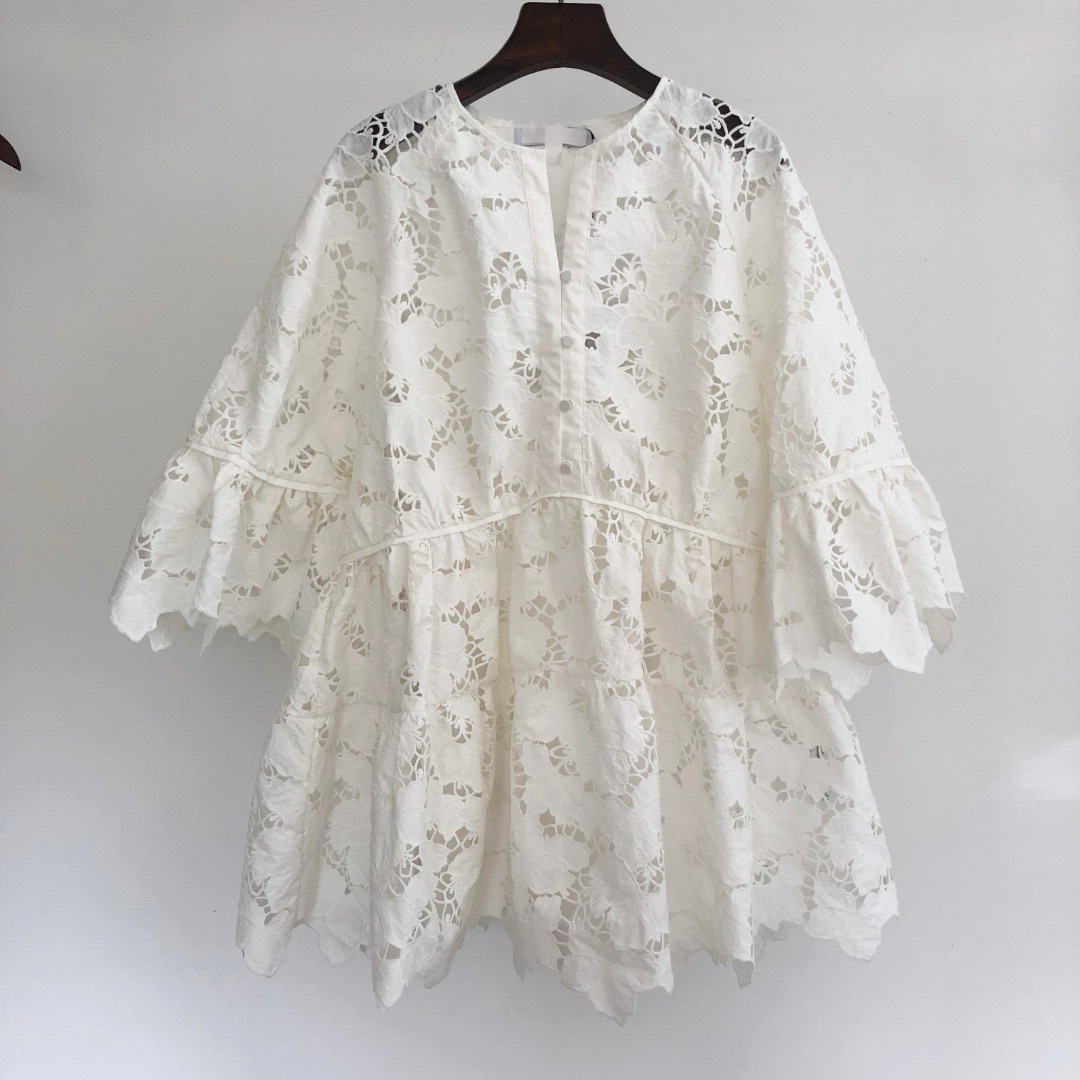 Casual Dresses S-elf-Portrait Cotton Lace Mini Dress Wide Sleeve A-line Dress for Women White