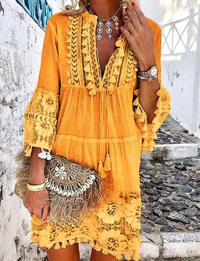 New Womens Casual Dresses Fashionable Sweet Ladies Dress Causal 3/4 Sleeve V Neck Holiday Boho Dresses with Lace Lace and Tassel Cut Out Dress