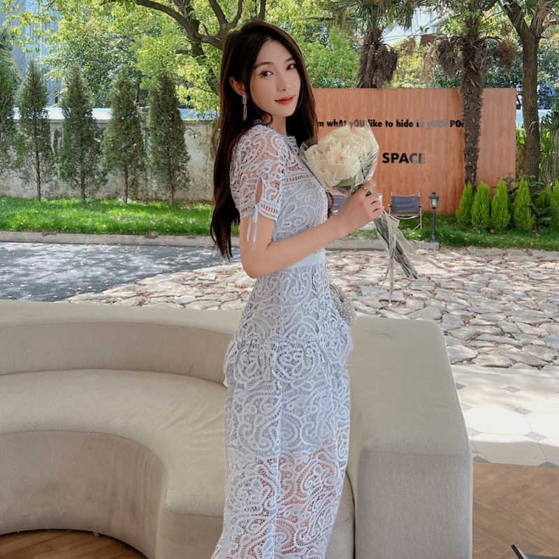 Casual Dresses S-elf-Portrait Blue Abstract Guipure Lace Midi Dress New