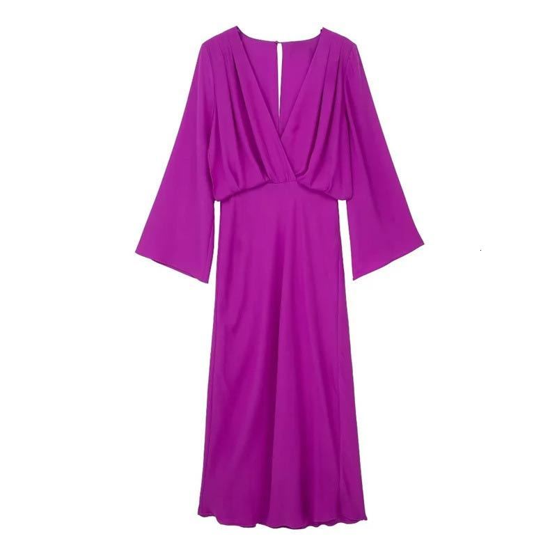Basic Casual Dresse Solid V Neck Midi Dress Elegant Loose Long Sleeve Robes Vestidos 2023 Spring Female High Waist Vacation Party 230522