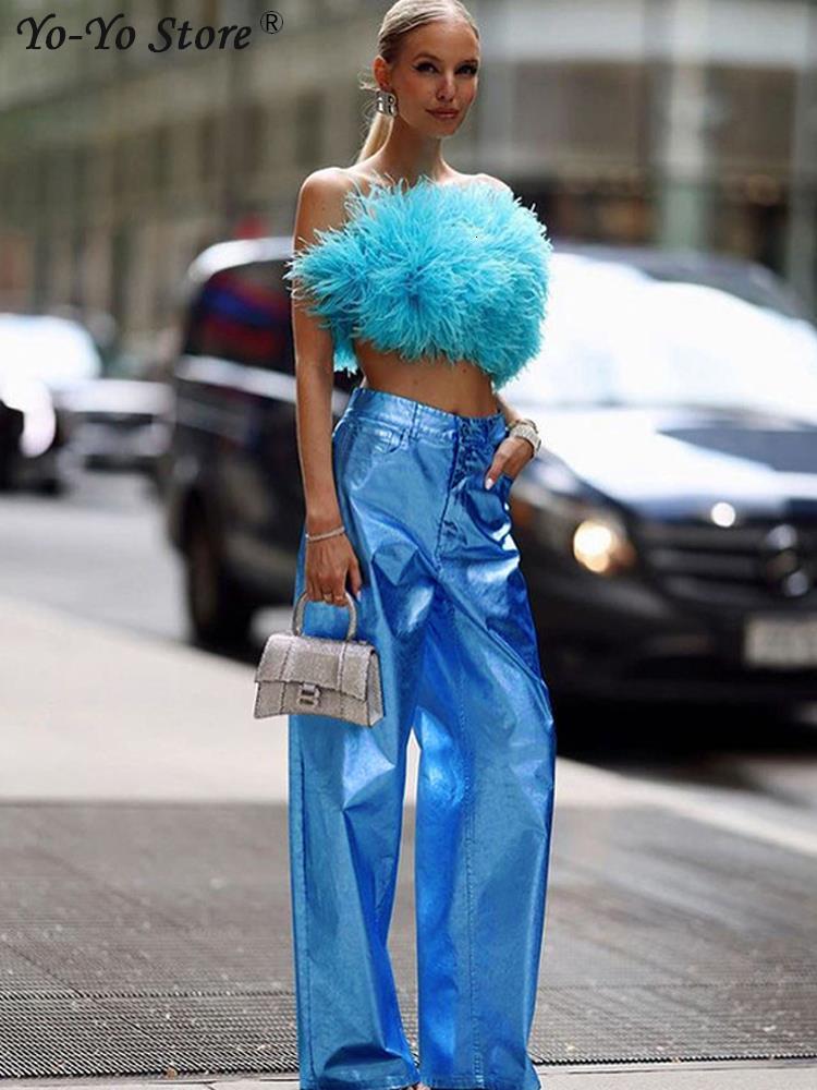 Women's Pants Capris PU bright color straight pants solid sexy low waisted street clothing men's autumn and winter casual loose fitting wome