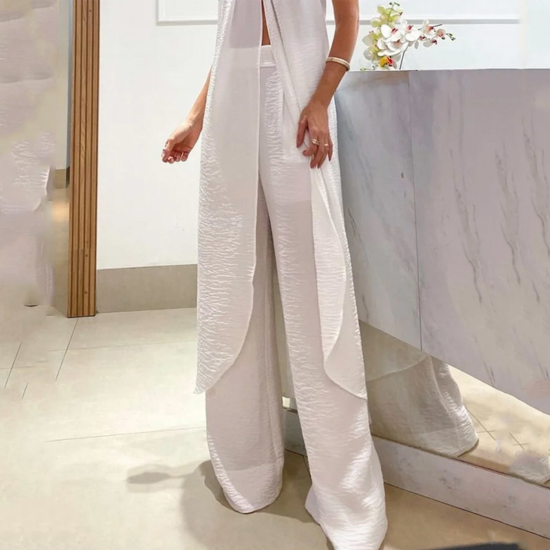 Women s Two Piece Pants Wefad Set Summer Fashion Sleeveless Lace Up Halter Neck Slit Long Top Loose Straight Sets Streetwear 230522