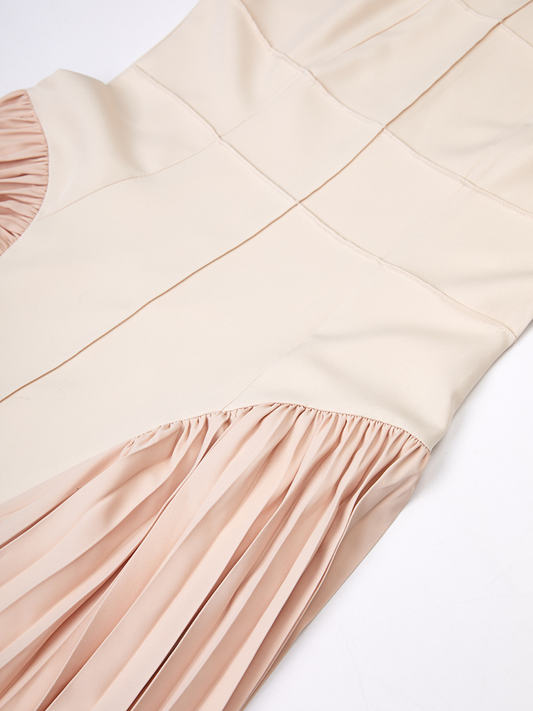 Basic Casual Dresses EWQ O Neck Fashion Stitching Line Women s Party Beautiful Pleated Dress Patchwork Slim Apricot Color Robe 2023 Summer 230522