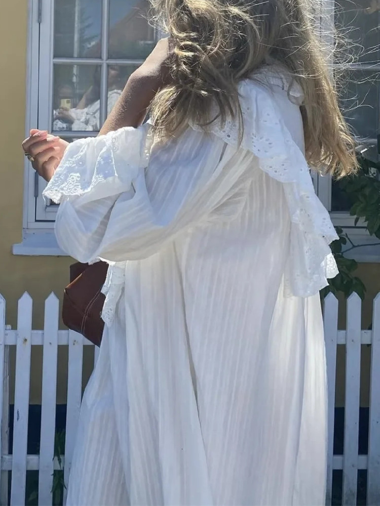 Basic Casual Dresses Loose White Stitching Hollow Out Embroidery Cotton Lace Maxi Long Dress Female Full Sleeve Oversized Holiday Robe Vestidos 230522