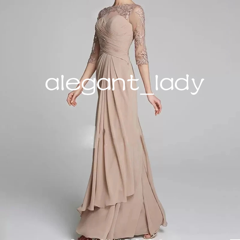Modest Champagne Mother of the Bride Dresses with 3/4 long sleeve Plus Size Ruched Lace Applique mother occasion Prom gown