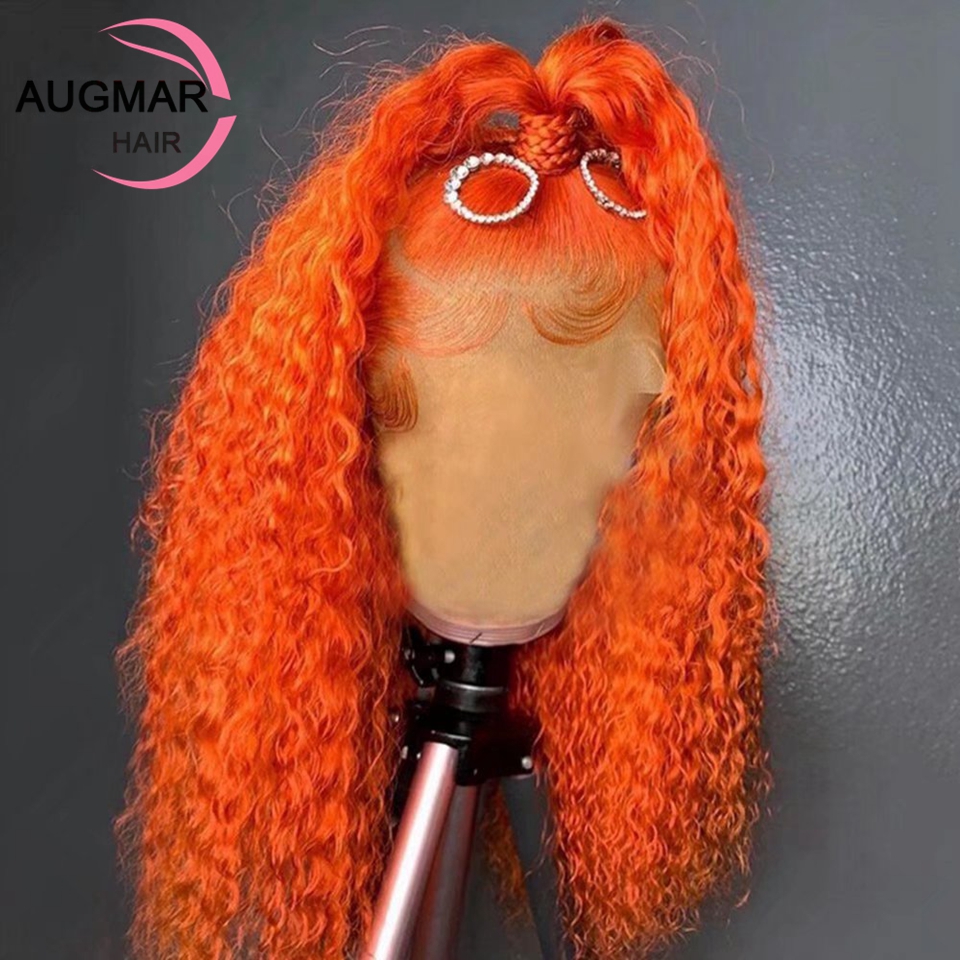 Mogolian Hair Blue Red Kinky Curly Lace Front Wig 180 Density HD Lace Frontal Wig Colored Transparent Orange /Grey Synthetic Lace Front Wigs Preplucke