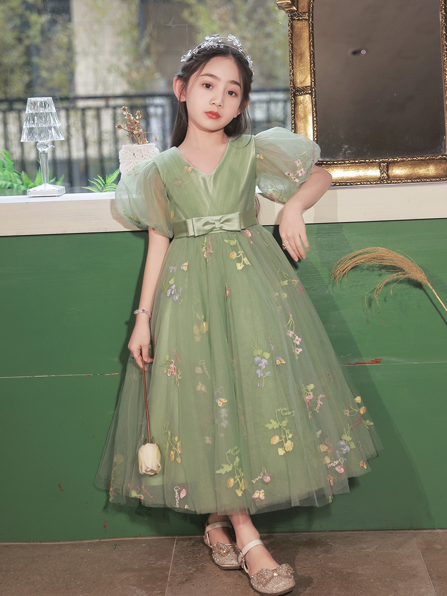 Flower Arabic Princess 3D Floral Green Lace Flowers Baby Toddler Girls Adorable Kids Birthday First Holy Communion Dresses Party Christmas Gowns s