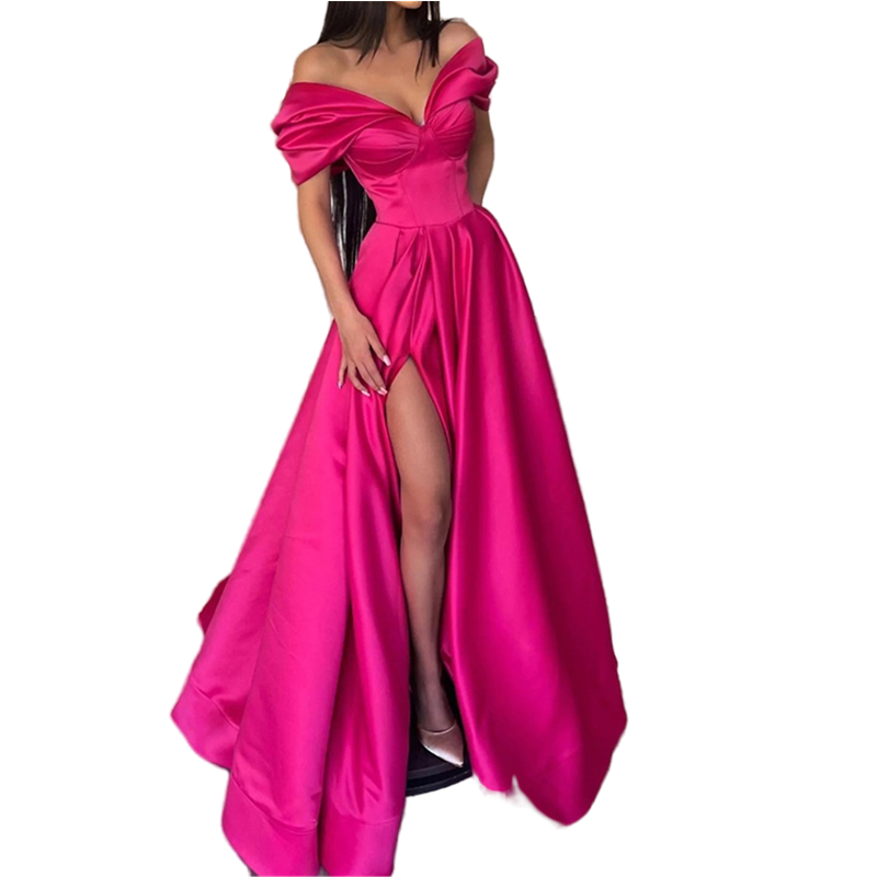Charming Fuchsia Satin Prom Dresses Off The Shoulder Side Split Sexy Evening Dress V-Neck Elegant Simple Floor Length A Line Special Occasion Gown For