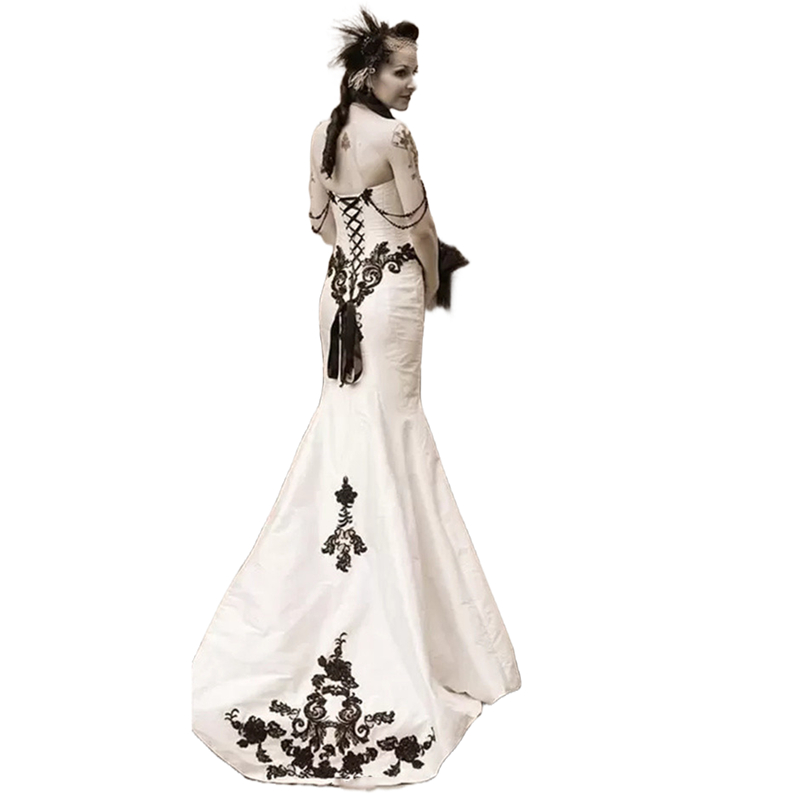 Vintage Ivory And Black Gothic Wedding Dresses Sleeveless Summer Autumn Mermaid Bridal Gowns Lace Appliques Lace-Up Plus Size Bride Dress
