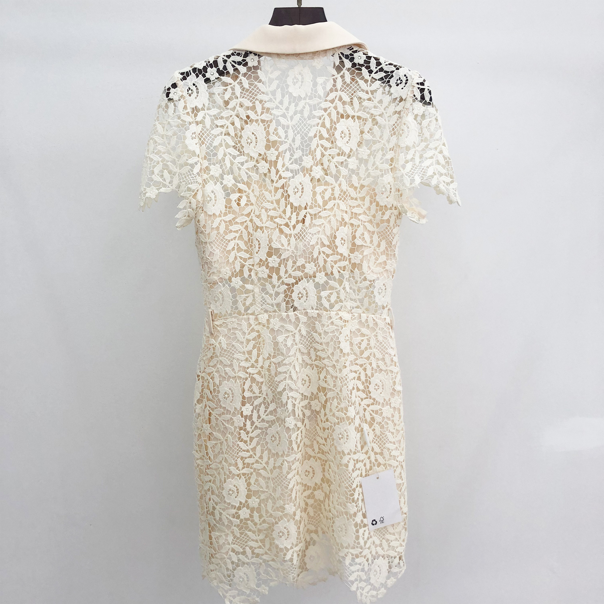 Casual Dresses S-elf-Portrait Lace Midi Dress Collared Short Sleeve Shirt Dress for Women White