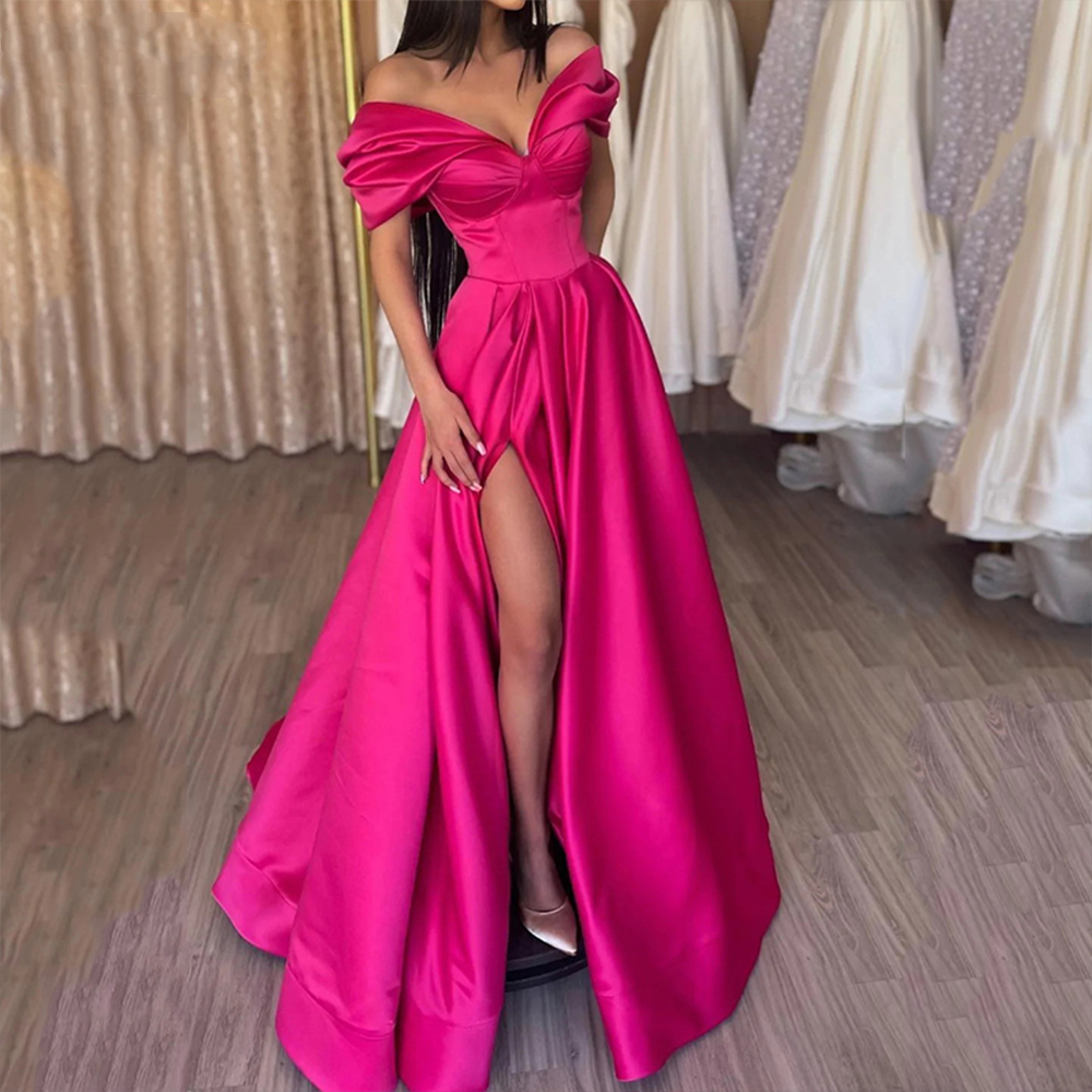 Charming Fuchsia Satin Prom Dresses Off The Shoulder Side Split Sexy Evening Dress V-Neck Elegant Simple Floor Length A Line Special Occasion Gown For