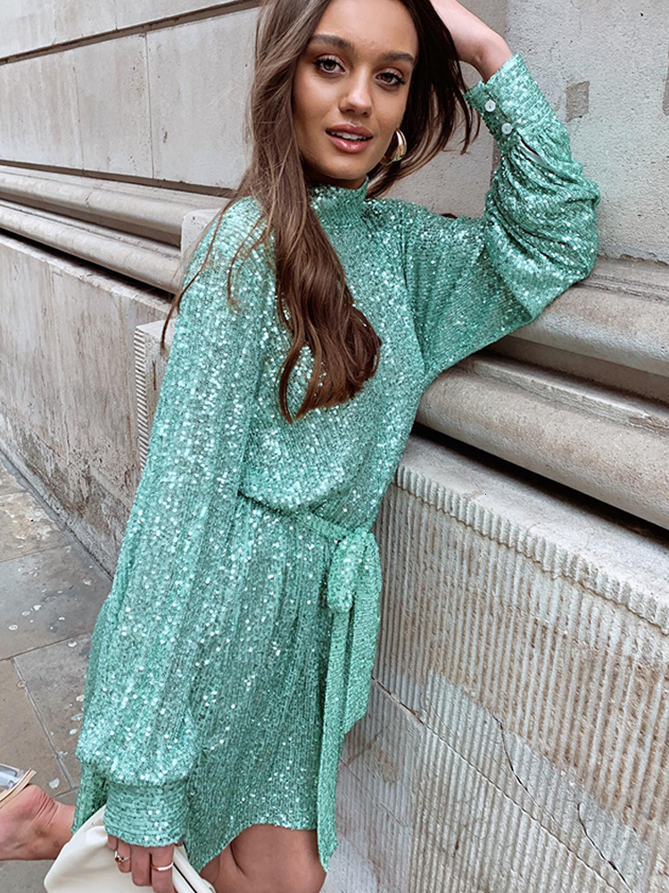 Basic Casual Dresses Sequin Lace Up Dress Green Turtleneck Long Sleeeve Midi Female Autumn Winter Ruffle Party Club Lady Vestidos 230522