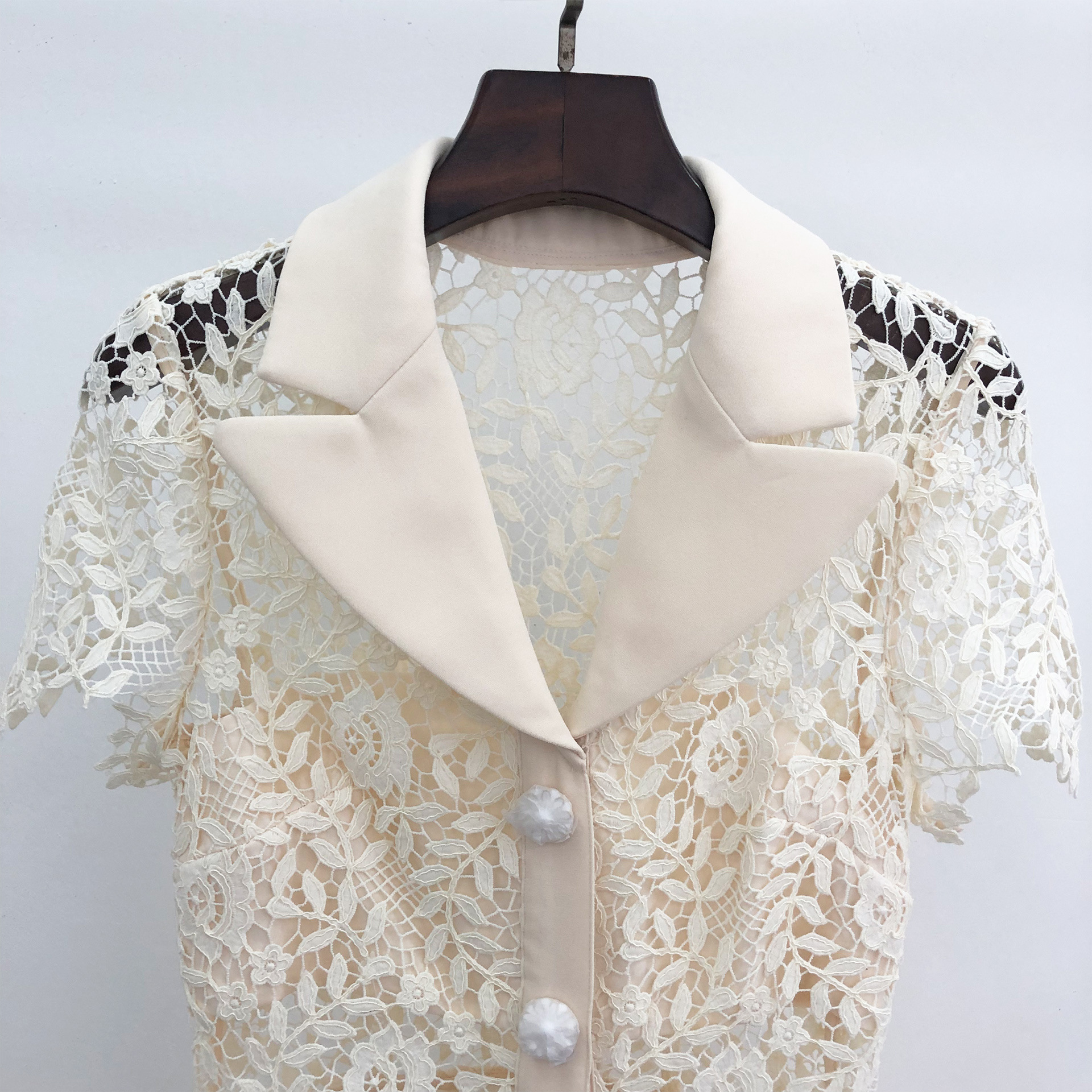 Casual Dresses S-elf-Portrait Lace Midi Dress Collared Short Sleeve Shirt Dress for Women White