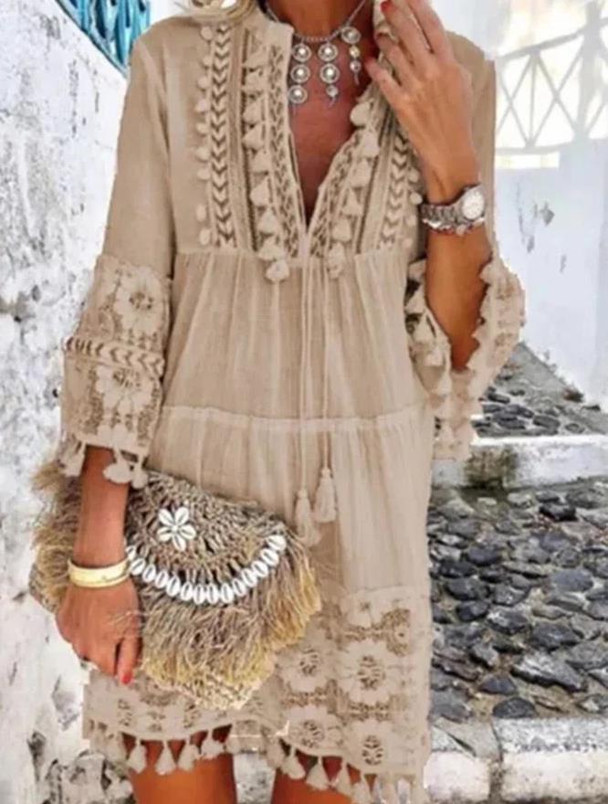 New Womens Casual Dresses Fashionable Sweet Ladies Dress Causal 3/4 Sleeve V Neck Holiday Boho Dresses with Lace Lace and Tassel Cut Out Dress