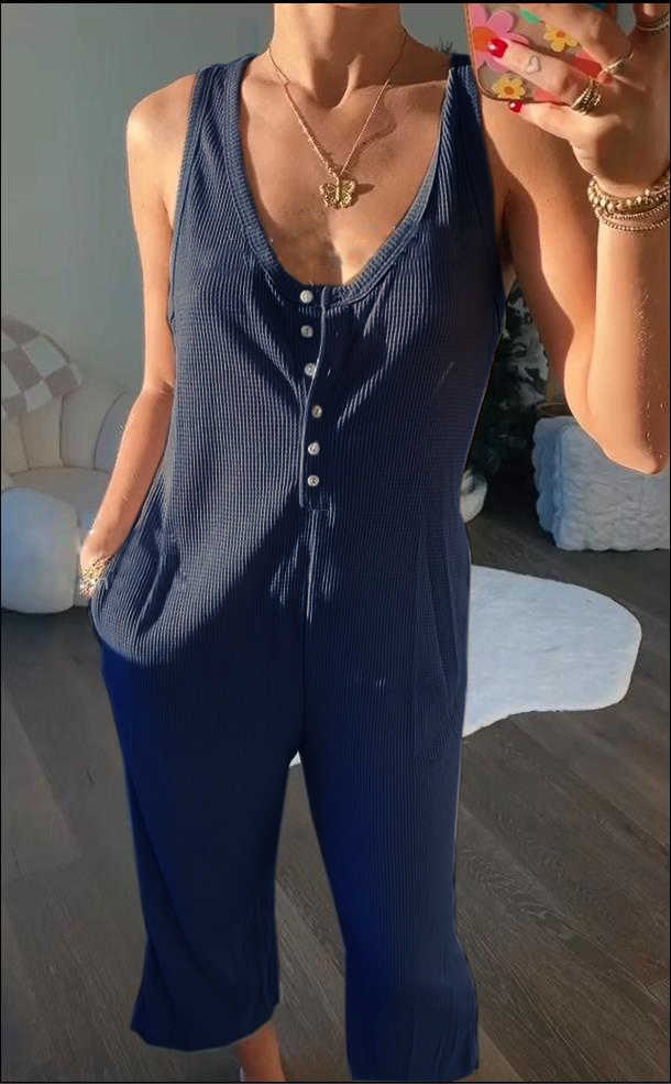 Women's Jumpsuits Rompers Women's summer jumpsuit sleeveless solid button jumpsuit casual jumpsuit with pockets P230522