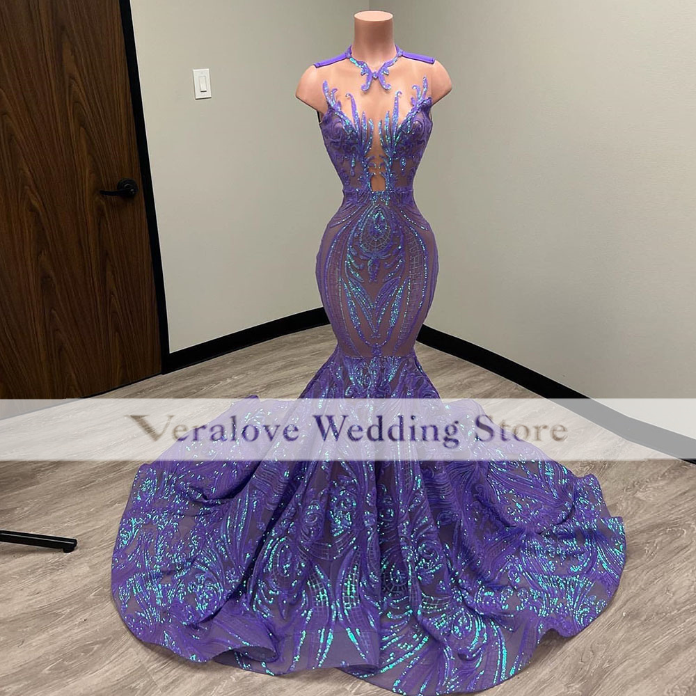 Blue Sequined Prom Dress Mermaid 2023 African Gala Party Gown vestidos de graduacion Formal Occasion Dresses