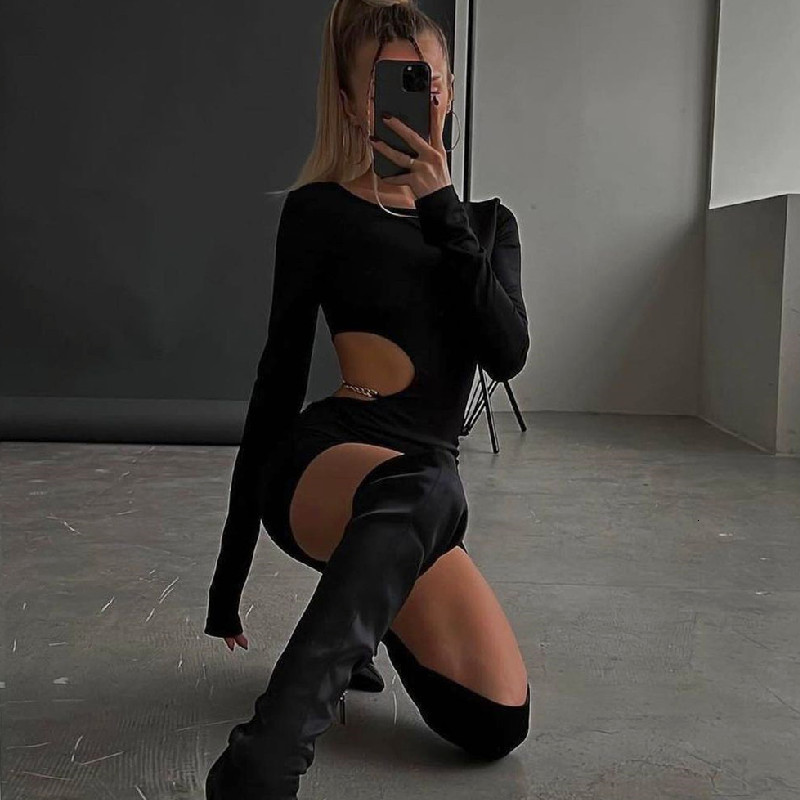 Basic Casual Dresses Xeemilo Sexy Waist Hollowed Mini Dress Black Long Sleeves Slim 2023 Elegant Women Metal Chain Decoration Vestidos 230522
