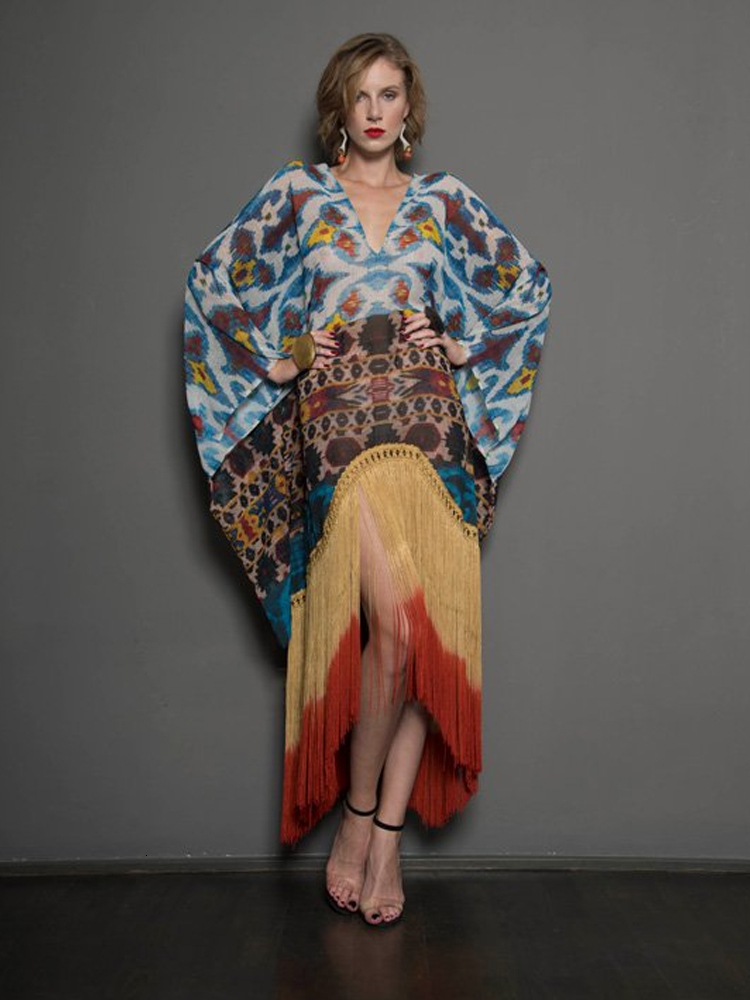 Women's Swimwear EDOLYNSA Boho Code Print Tassel Loose Dress Casual Autumn Vacation Wrap Dres Clothes Beach Wear Swim Suit Cover Up A1936 230522