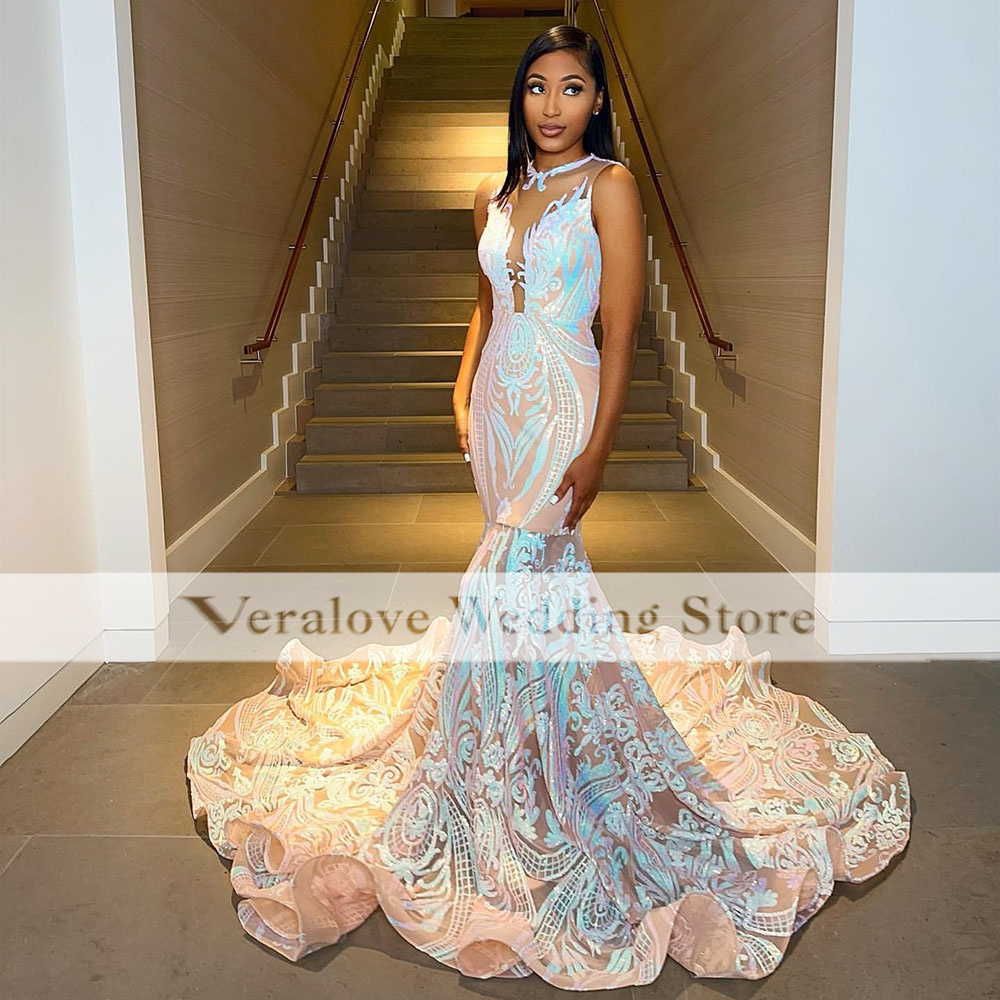 Blue Sequined Prom Dress Mermaid 2023 African Gala Party Gown vestidos de graduacion Formal Occasion Dresses