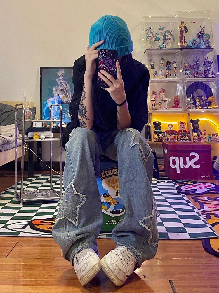 Women s Two Piece Pants Tawaaiw Streetwear Blue Pentagram High Waist Jeans Y2k Korean Style Hip Hop Straight Denim Boyfriend For Women Trousers 230522